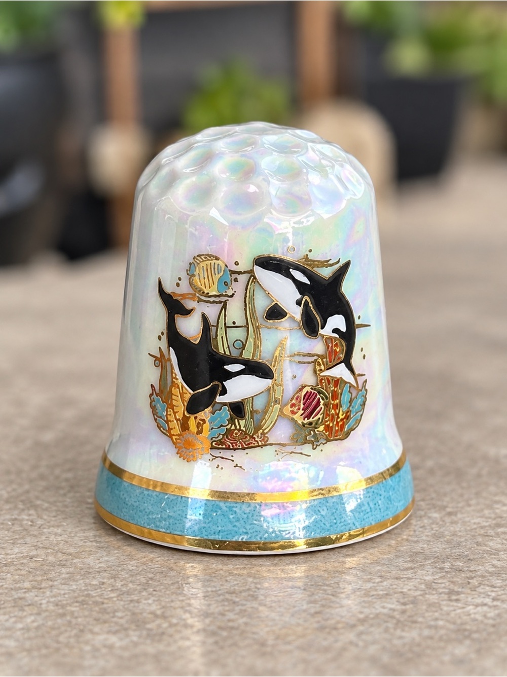 Iridescent Porcelain Thimble with Orca Ocean Motif